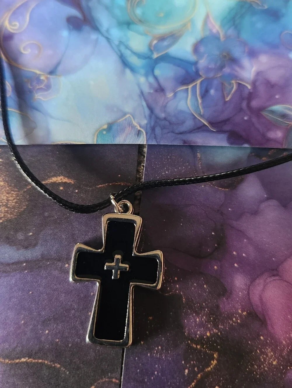 Fashion Black Cross Pendant Necklace on Cord